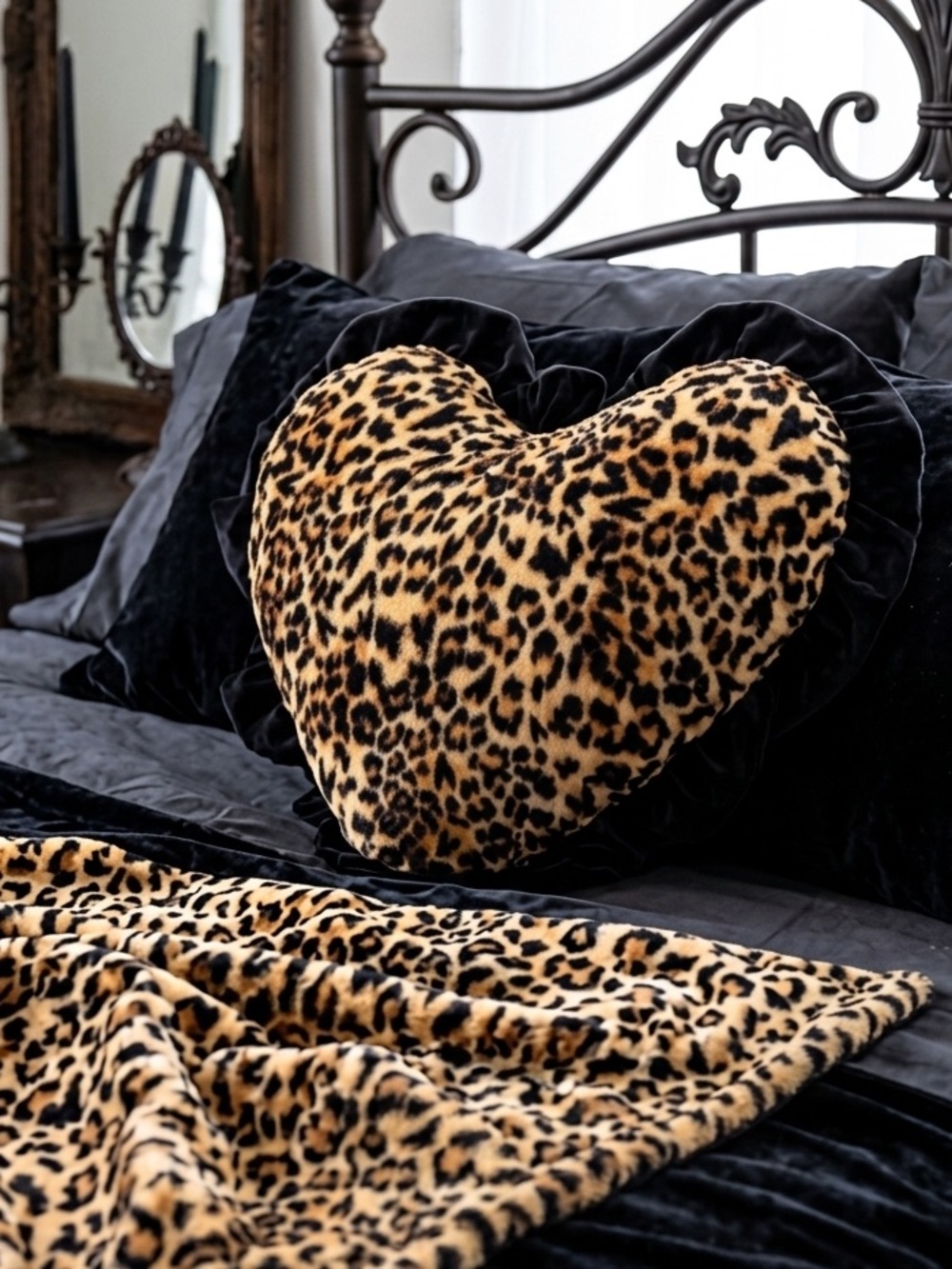 Leopard Print Heart Throw Pillow & Throw Blanket Set